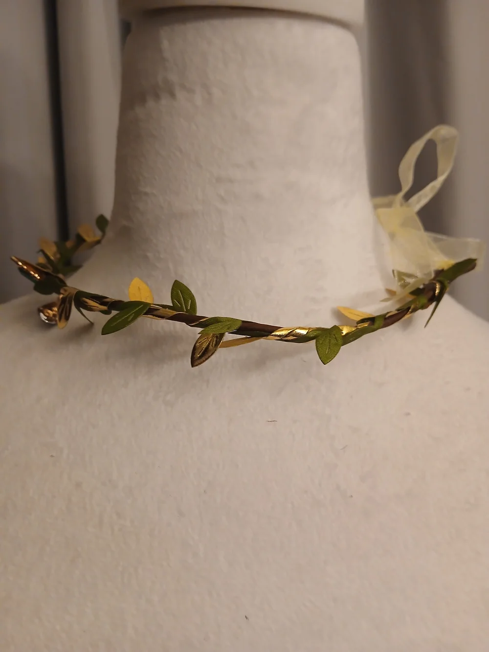 Gold Leaf Crown Necklace with Teardrop Emerald Crystal Festival Fairycore